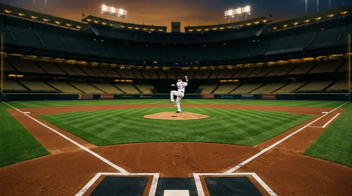 Baseball diamond under stadium lights at dusk with the pitcher preparing to throw, setting the scene for betting on baseball games from the UK