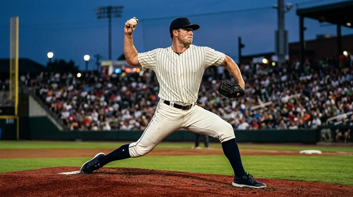 MLB starting pitcher in mid-delivery on the mound under bright stadium lights during an evening game