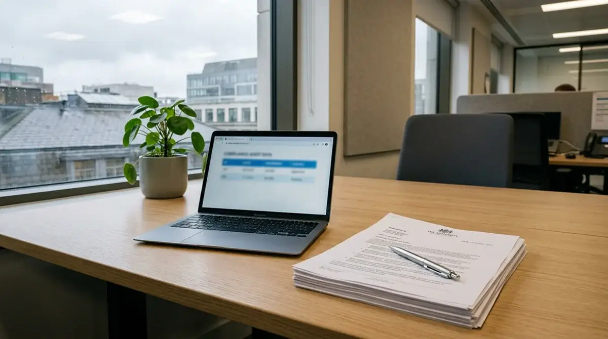 Row of official regulatory documents and a laptop on a desk in a modern British office, representing UKGC gambling licensing oversight